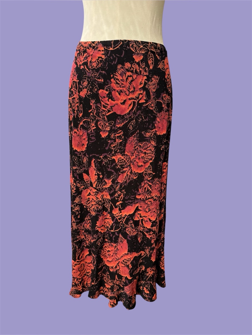 Vintage 90s Vampy Grunge Whimsigoth Red Black Floral Midi Skirt XL